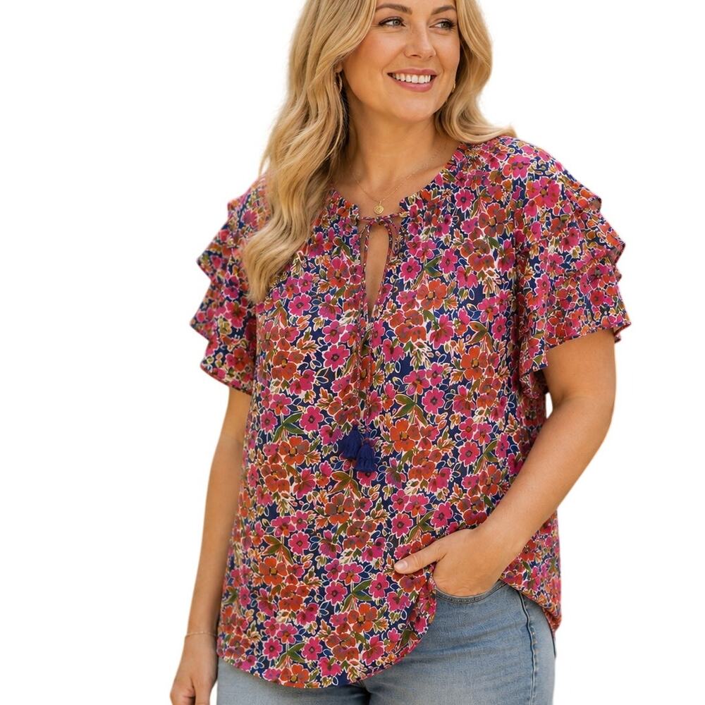 Rose & Olive Floral Tie-Front Blouse in Pink and Brown